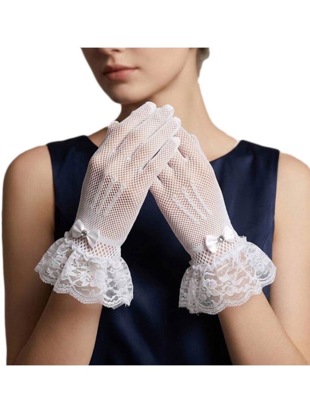 Tigerstars White Floral Lace Cuff Bow Accent Mesh Wedding Gloves